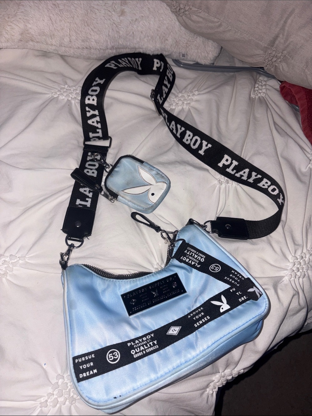 PLAYBOY Light Blue Satin Crossbody Bag with Black Logo Strap